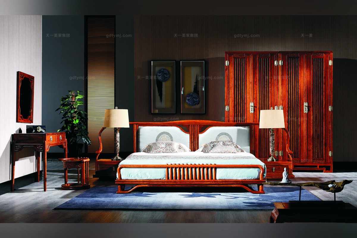 高端別墅實木家具中式雙人床