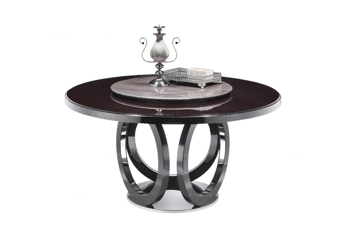 高端品牌后現代黑亮山水紫石面轉盤圓餐臺