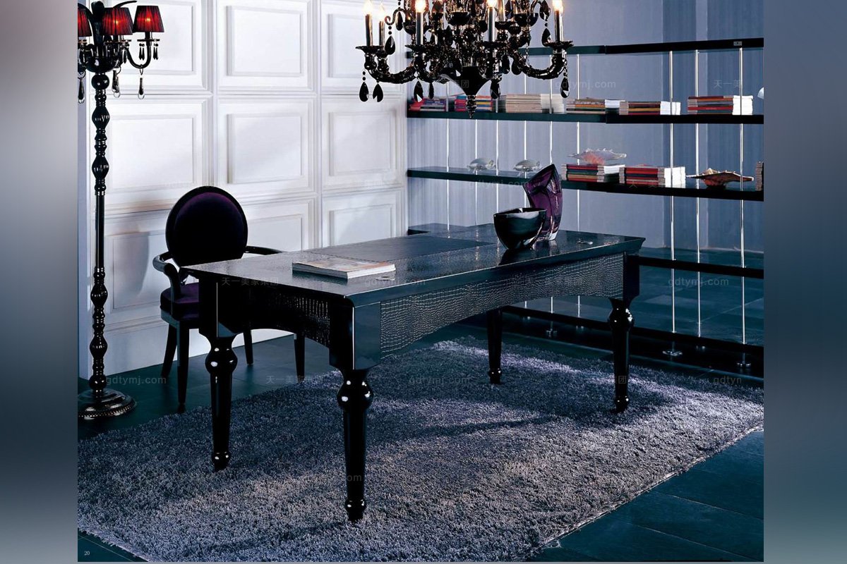 高端別墅后現(xiàn)代黑色鱷魚紋書臺(tái)