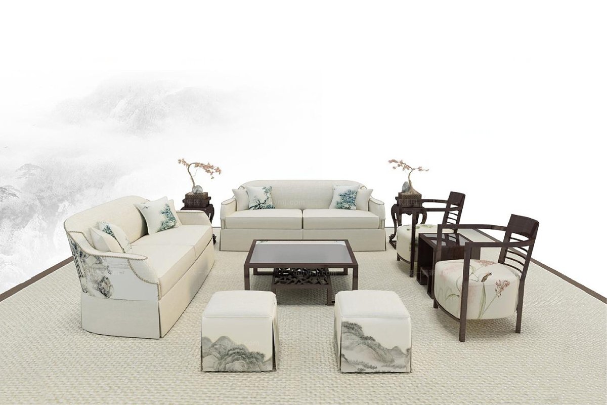 高端娛樂會所家具新中式山水三人沙發