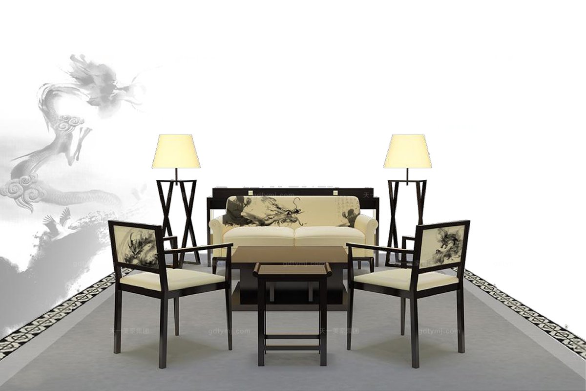 高端新中式家具樣板房水墨龍雙人沙發