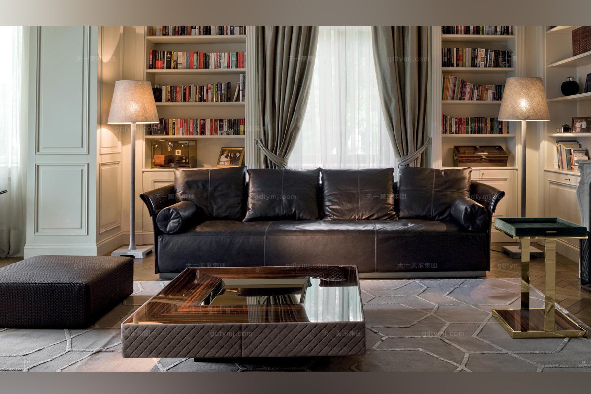 Longhi現代黑色真皮四人位沙發