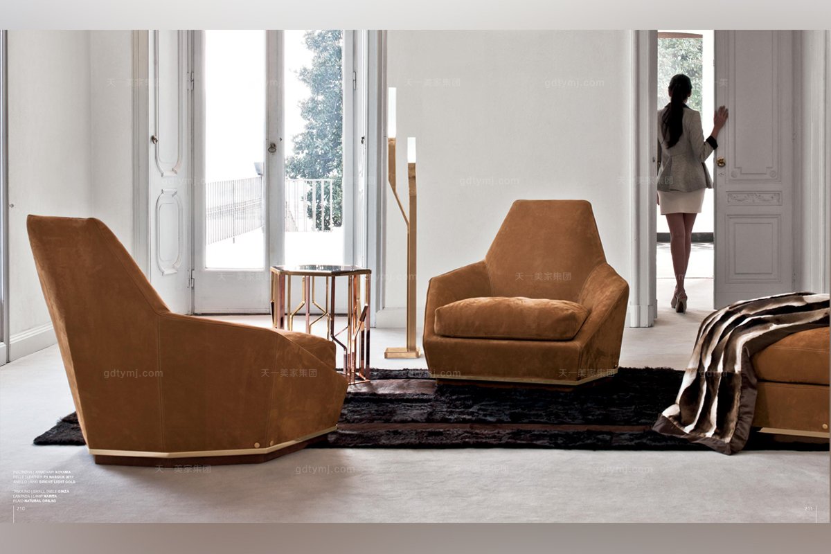 Longhi現代橙黃色布藝單人休閑沙發