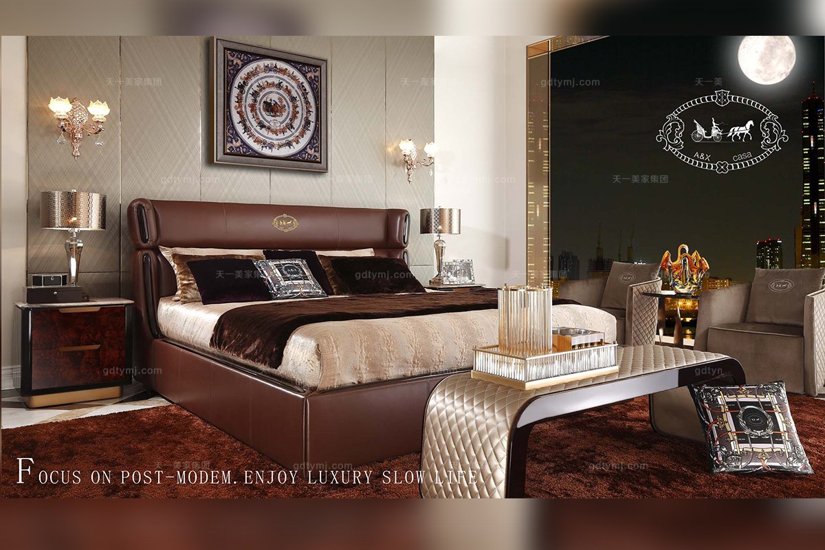 高端別墅樣板房家具后現代棕色大床