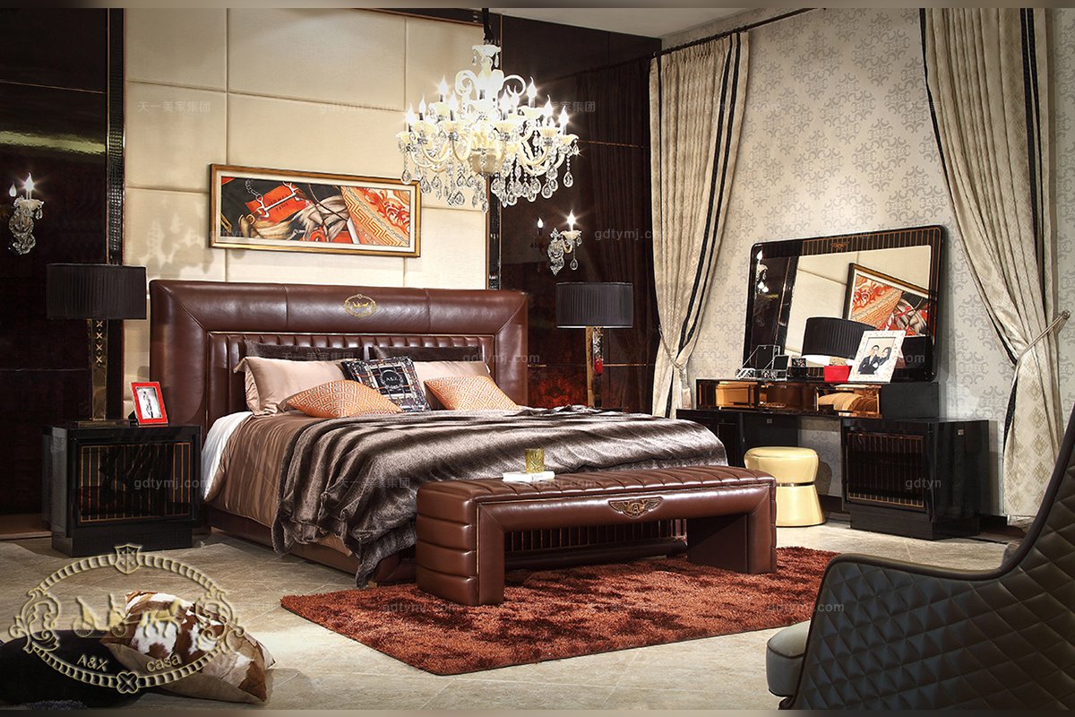 高端別墅會(huì)所樣板房家具后現(xiàn)代棕色大床