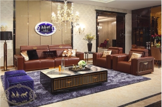 名貴別墅會所樣板房家具棕色真皮四位沙發