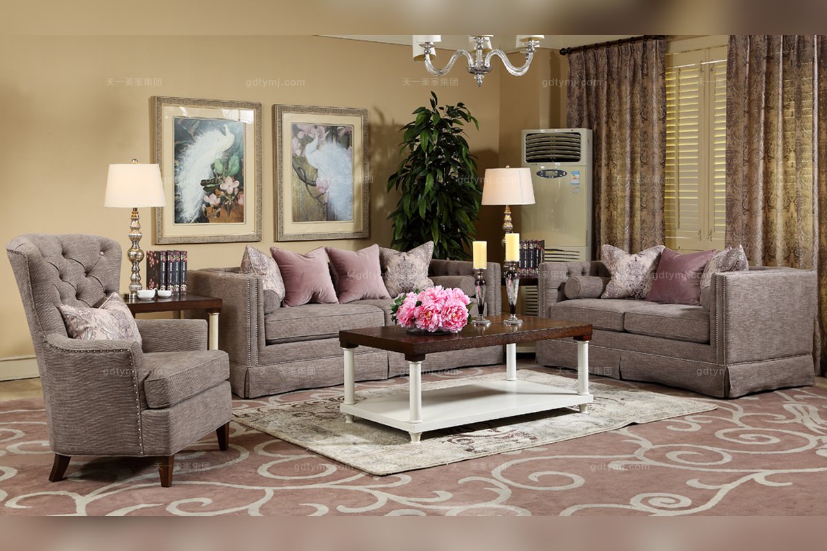 別墅樣板房家具品牌美式灰色布藝三位沙發