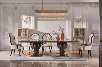 高端現代輕奢華餐廳家具實木餐廳餐桌黑檀木皮楓影木皮拼花真皮餐椅餐桌組合