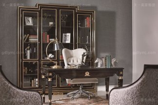 高端現代輕奢華書房家具實木書房書桌黑檀木皮拼花真皮書椅書桌組合