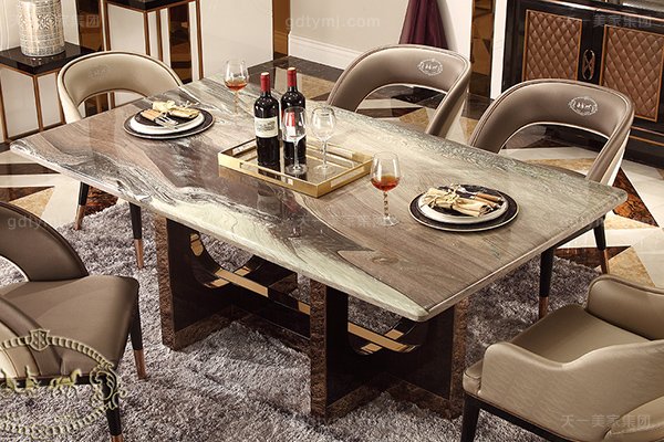 名貴后現代輕奢家具客廳餐桌椅山水紫石面餐桌拉絲紋真皮餐椅餐桌