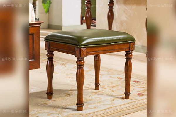 高端別墅家具品牌優質好實木頭層黃牛皮美式妝凳 