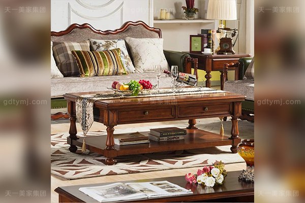 高端別墅家具優質橡膠木好實木雙層四抽美式長茶幾雙層四抽長茶幾