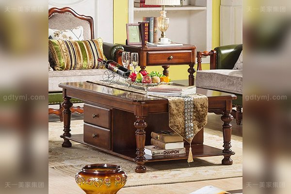 高端別墅豪華家具優質橡膠木好實木四抽美式長茶幾四抽長茶幾