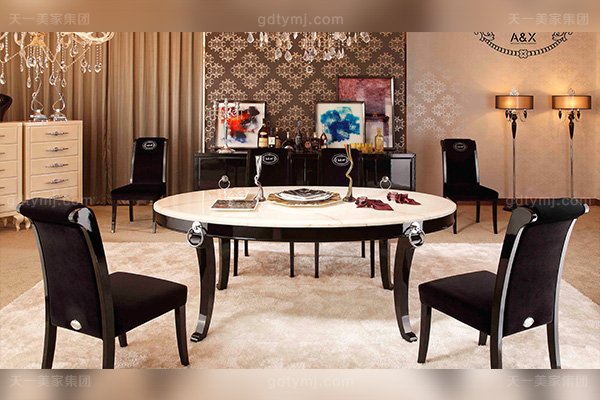 名貴輕奢家具后現代餐廳家具黑亮光腳玫瑰玉大理石面餐臺絨布藝餐椅組合