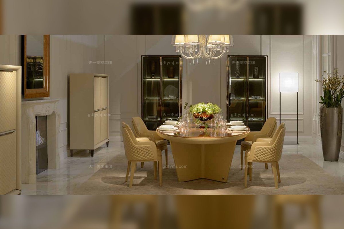 高端奢華別墅豪宅家具品牌餐廳家具后現代黃色真皮餐桌+餐椅組合