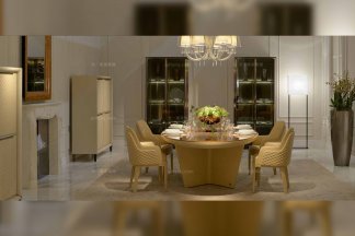 高端奢華別墅豪宅家具品牌餐廳家具后現代黃色真皮餐桌+餐椅組合