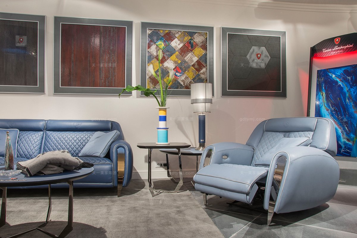 名貴奢華豪宅別墅家具品牌蘭博基尼客廳藍色真皮沙發