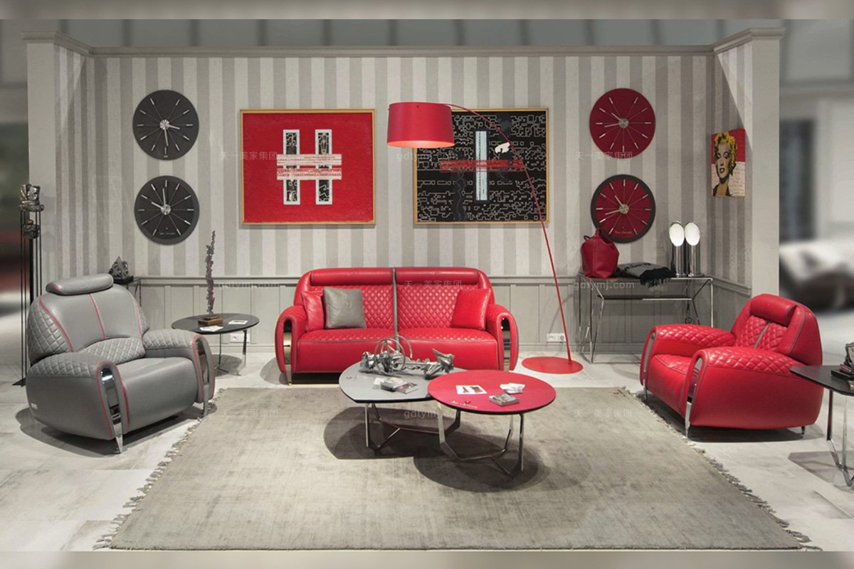 名貴豪華奢華家具品牌輕奢時尚客廳紅色真皮車格子雙人位沙發組合