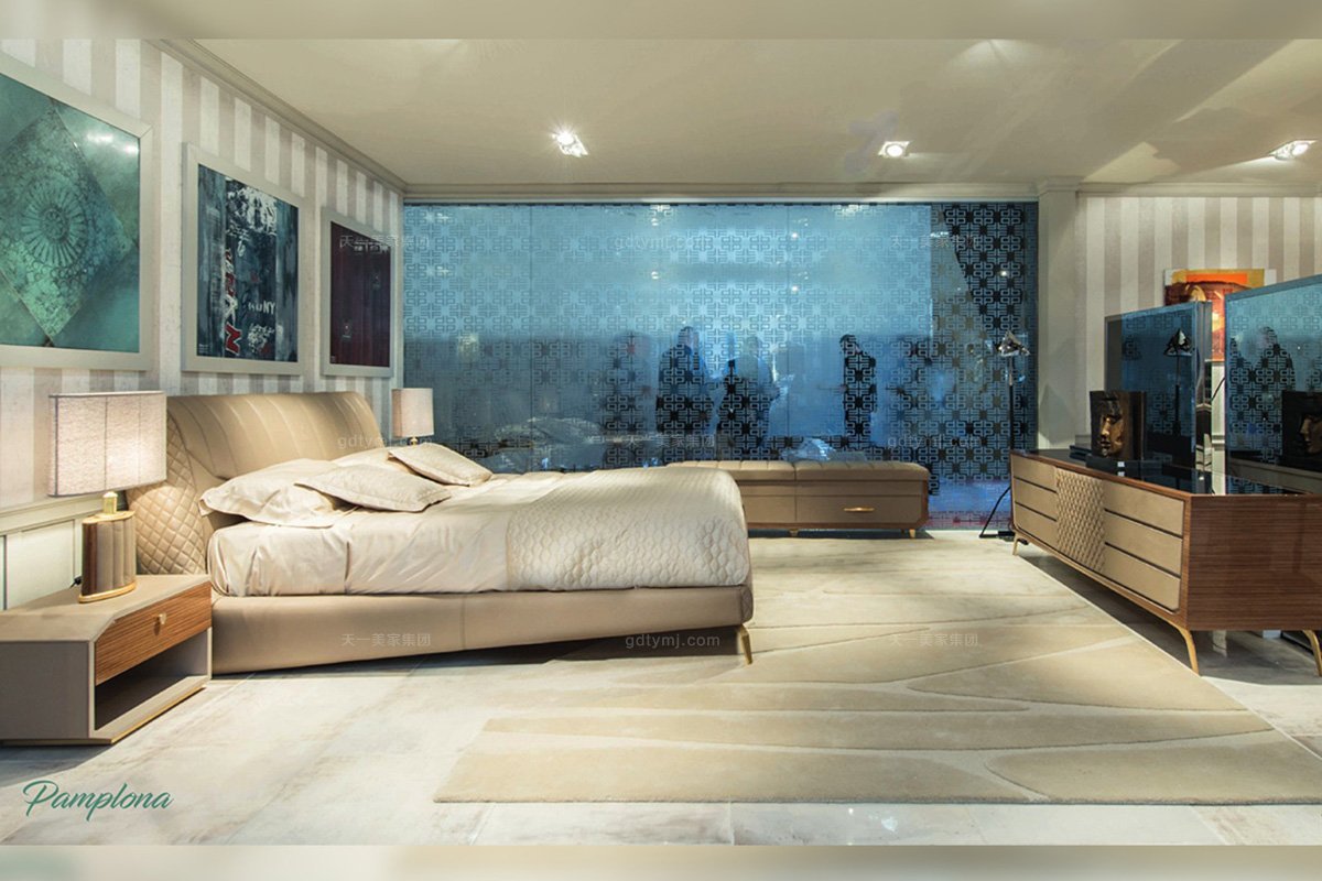 高端會所奢華家具品牌臥室現代米黃色真皮大床+床頭柜