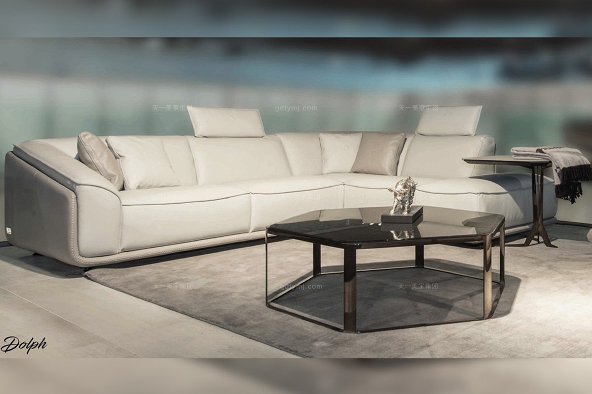高端輕奢別墅豪宅家具品牌客廳現代時尚米白色真皮轉角沙發