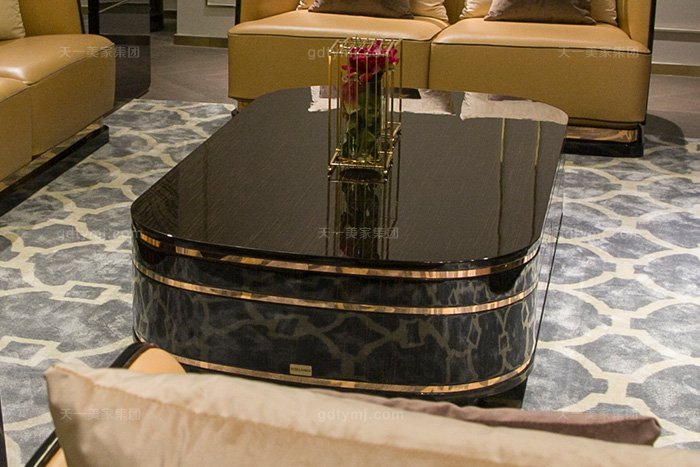 高端奢華別墅家具品牌后現代輕奢家具客廳橙色真皮沙發組合長幾