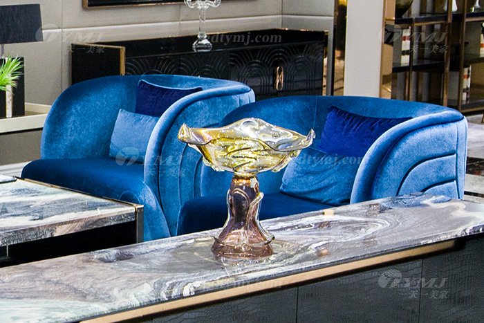 高端奢華家具品牌別墅輕奢后現代家具客廳藍色優質絨布藝沙發組合單位沙發