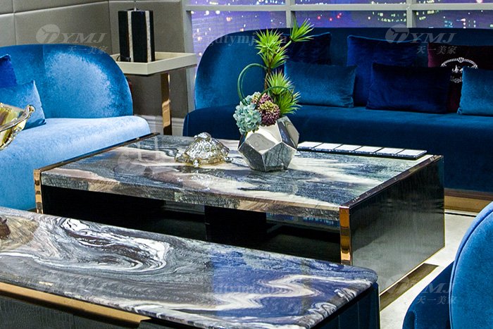 高端奢華家具品牌別墅輕奢后現代家具客廳藍色優質絨布藝沙發組合長幾