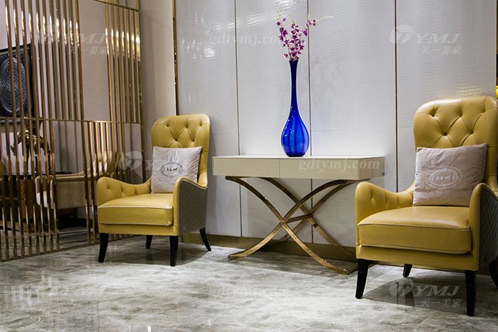 高端會所家具品牌售樓處家具后現代輕奢家具時尚米黃真皮休閑椅