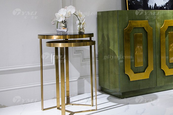 高端大氣別墅會所家具輕奢現代翡翠色實木邊柜角幾