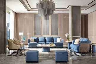 高端別墅家具品牌輕奢后現(xiàn)代海圖藍(lán)色真皮客廳沙發(fā)組合