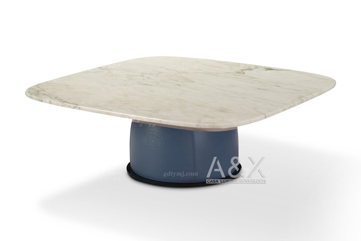 高端別墅家具品牌輕奢后現代海圖藍色真皮客廳沙發組合方幾