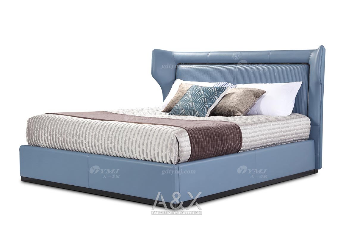 高端別墅家具品牌輕奢后現(xiàn)代海圖藍(lán)色進(jìn)口真皮臥室大床妝臺組合系列雙人床