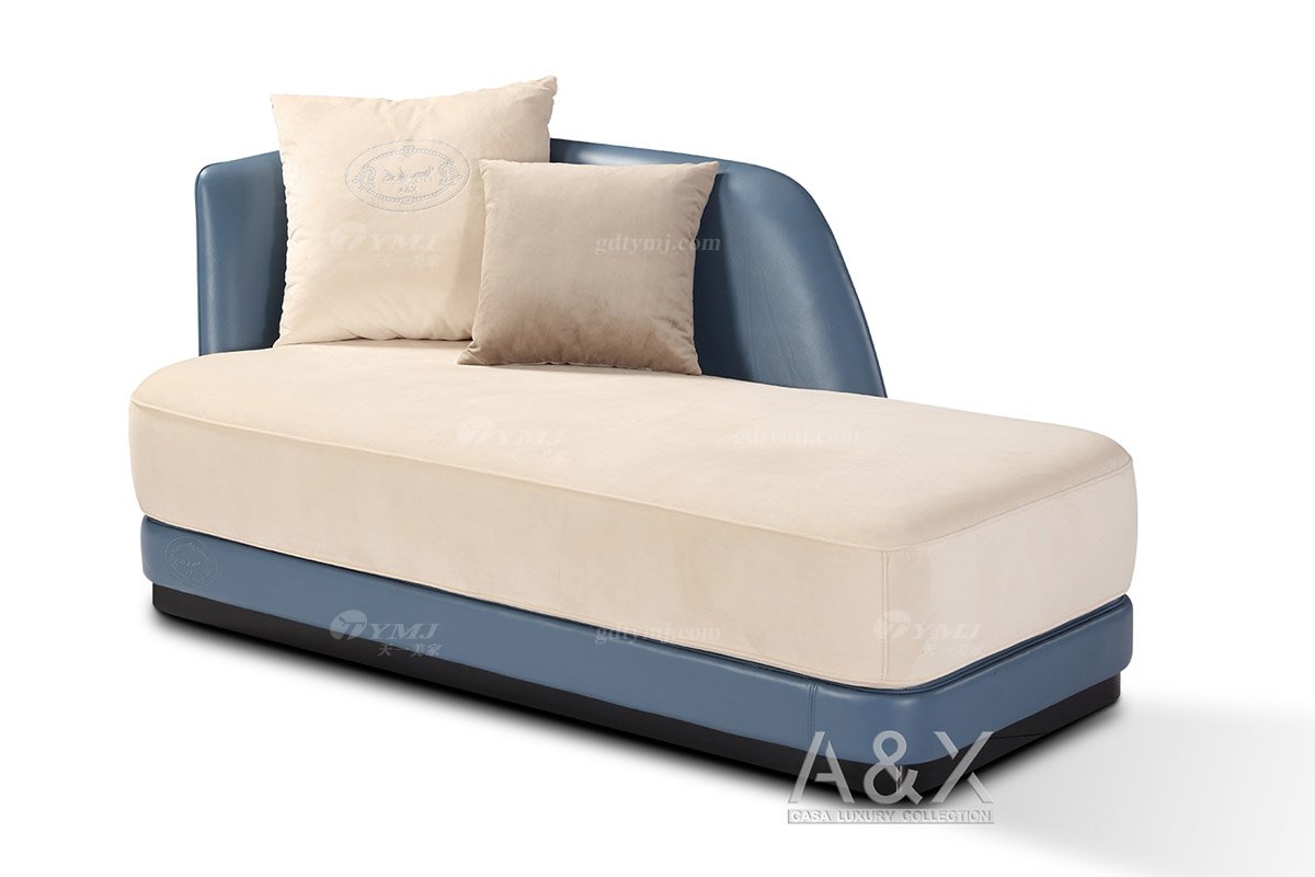 高端別墅家具品牌輕奢后現(xiàn)代海圖藍(lán)色進(jìn)口真皮臥室大床妝臺組合系列貴妃椅