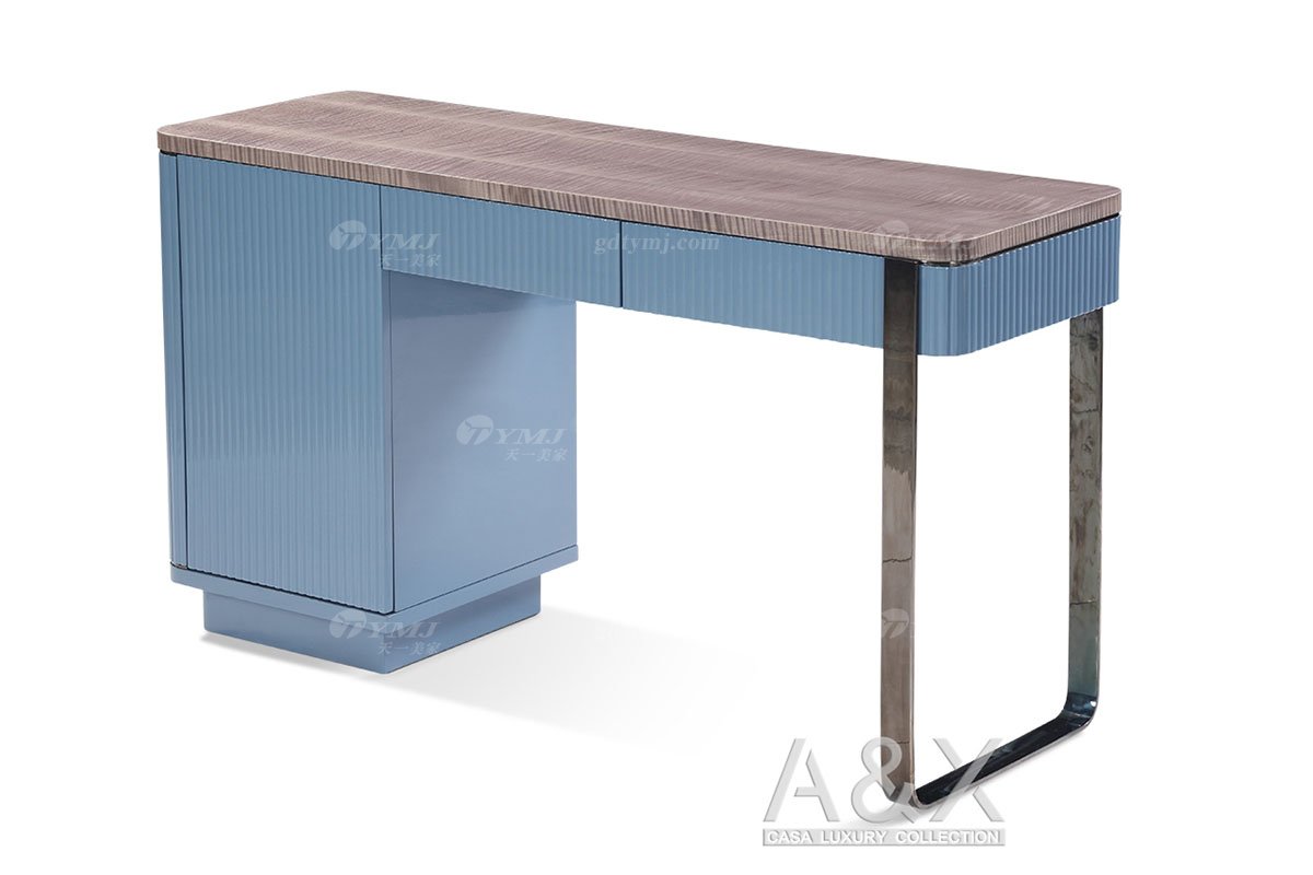 高端別墅家具品牌輕奢后現(xiàn)代海圖藍(lán)色進(jìn)口真皮臥室大床妝臺組合系列妝臺