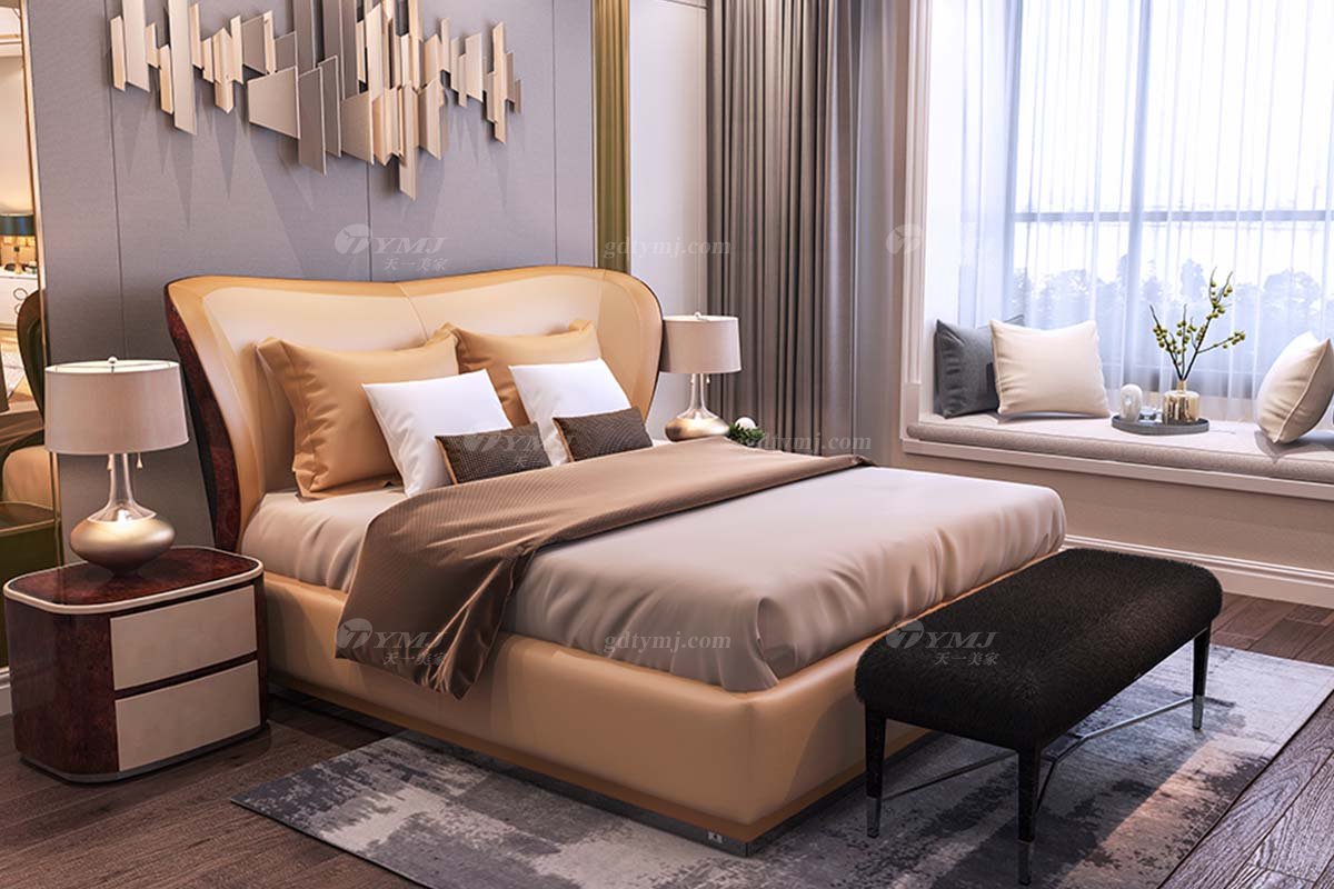 高端別墅家具時尚奢華樣板間家具輕奢后現代臥室真皮雙人大床系列床