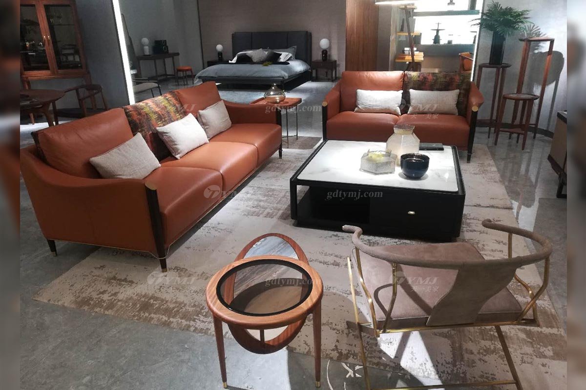 高端別墅家具品牌奢華樣板房家具輕奢新中式風格客廳家具橙色真皮沙發系列