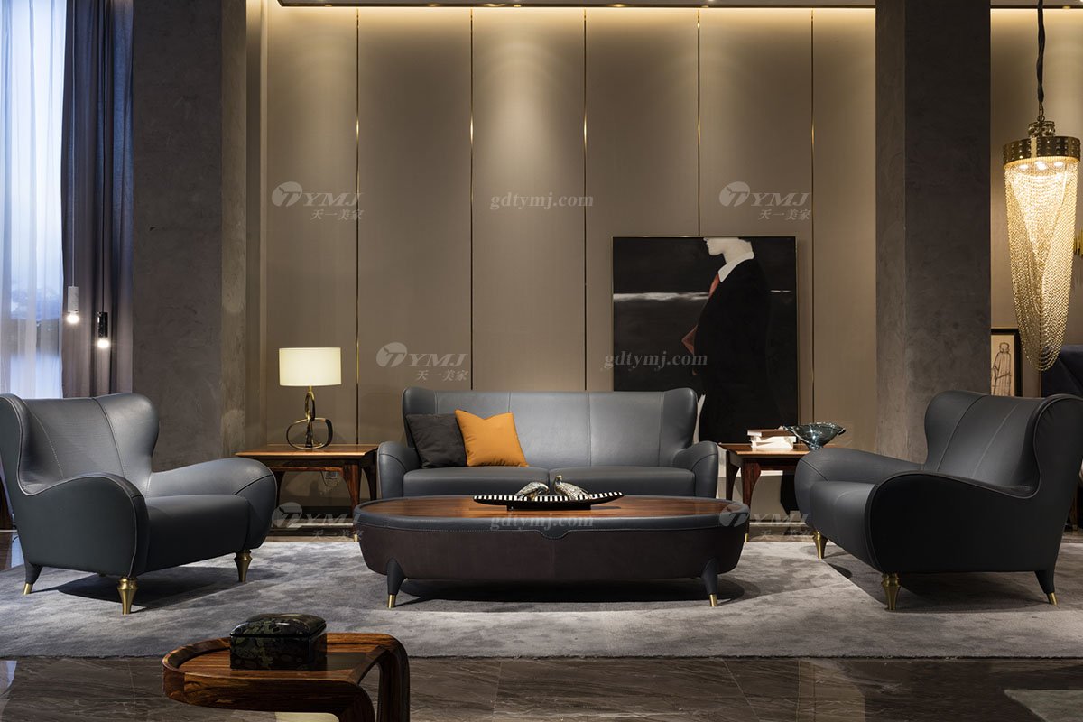高端別墅會所家具品牌輕奢新中式風客廳高彈高密度海綿時尚黑色頭層皮沙發系
