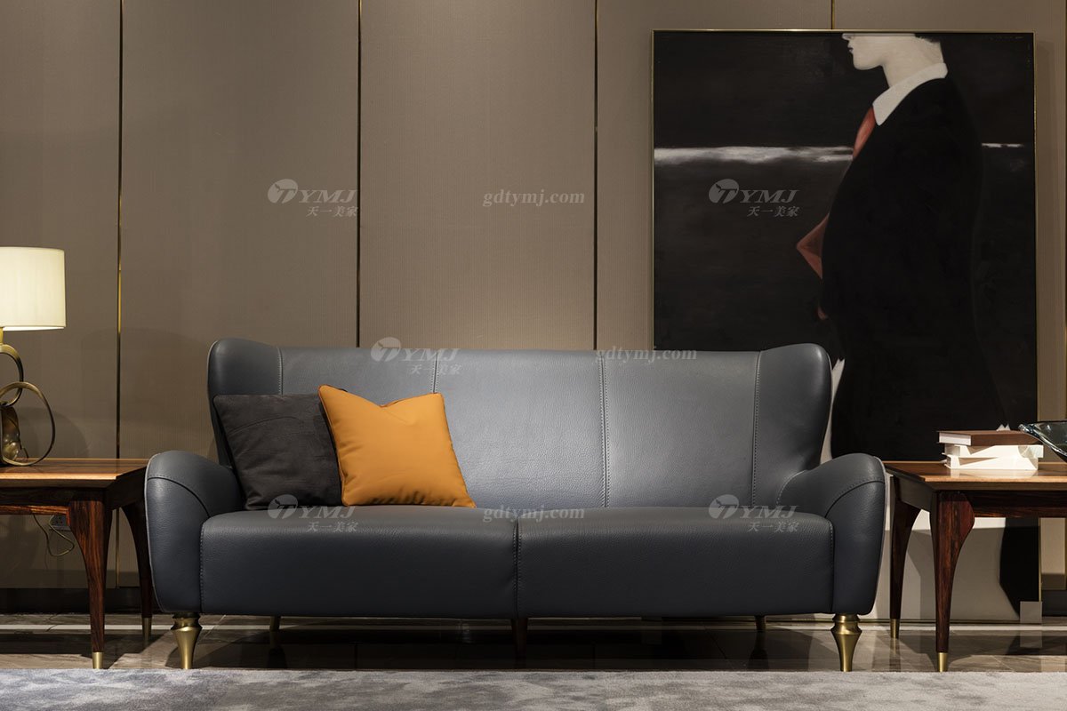 高端別墅會所家具品牌輕奢新中式風客廳高彈高密度海綿時尚黑色頭層皮沙發系列三位沙發