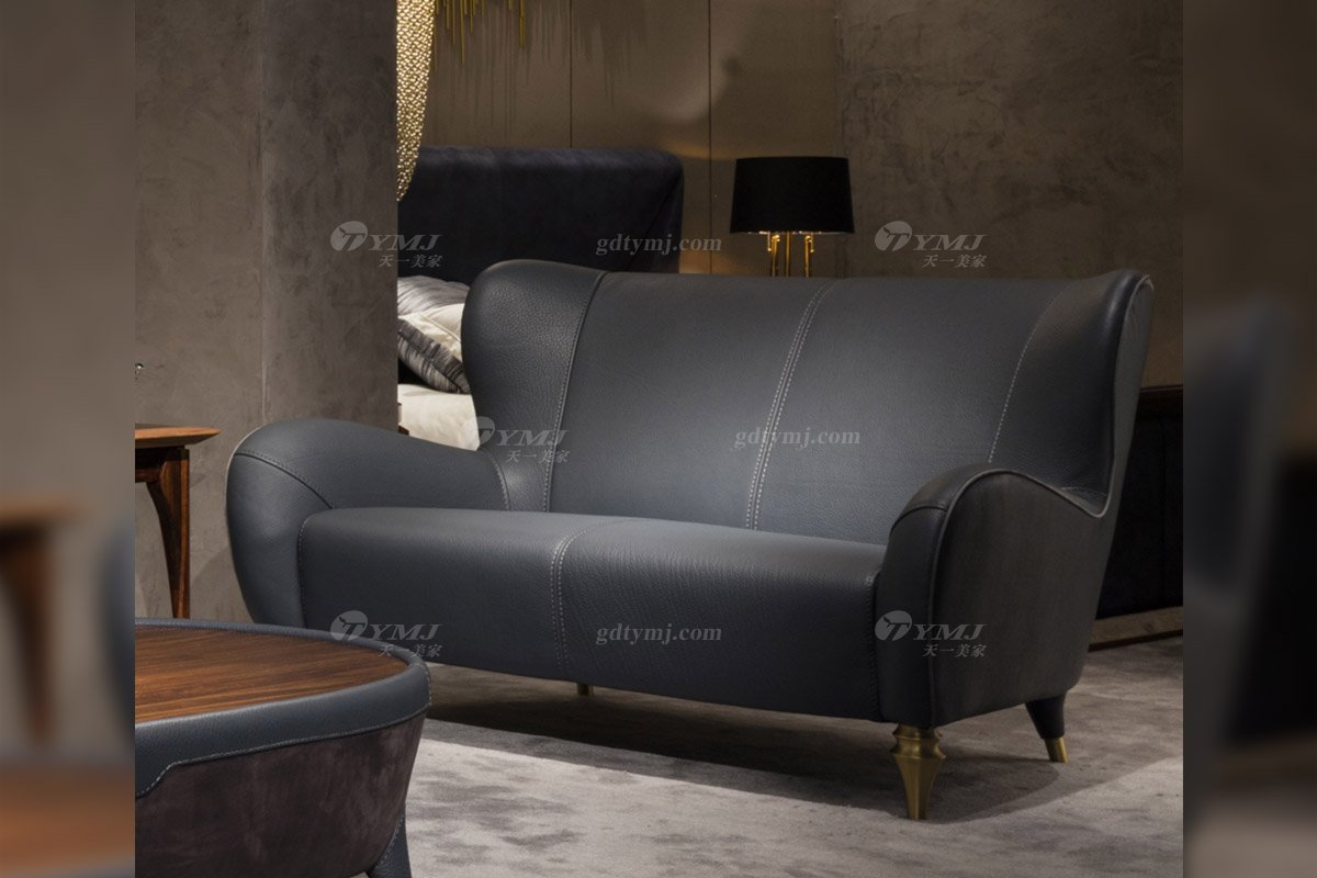 高端別墅會所家具品牌輕奢新中式風客廳高彈高密度海綿時尚黑色頭層皮沙發系列二位沙發