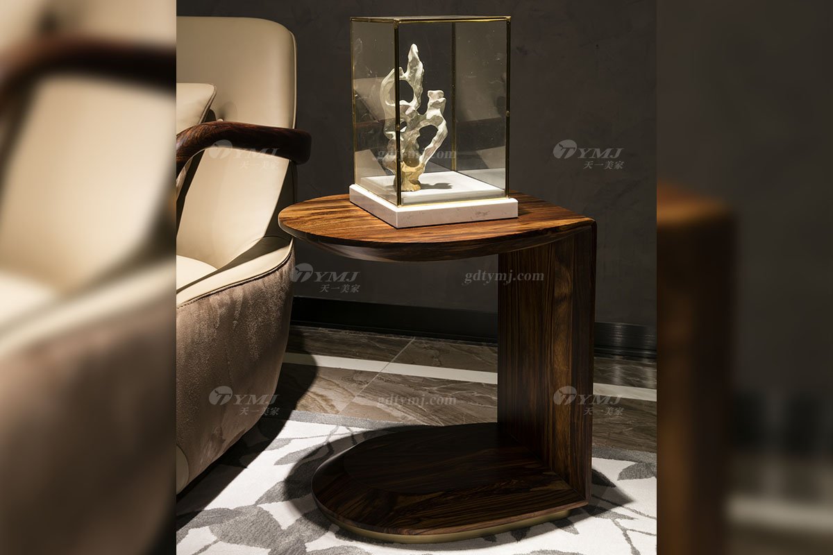 高端豪宅會所家具品牌輕奢新中式風客廳家具高彈高密度海綿真皮沙發系列邊幾