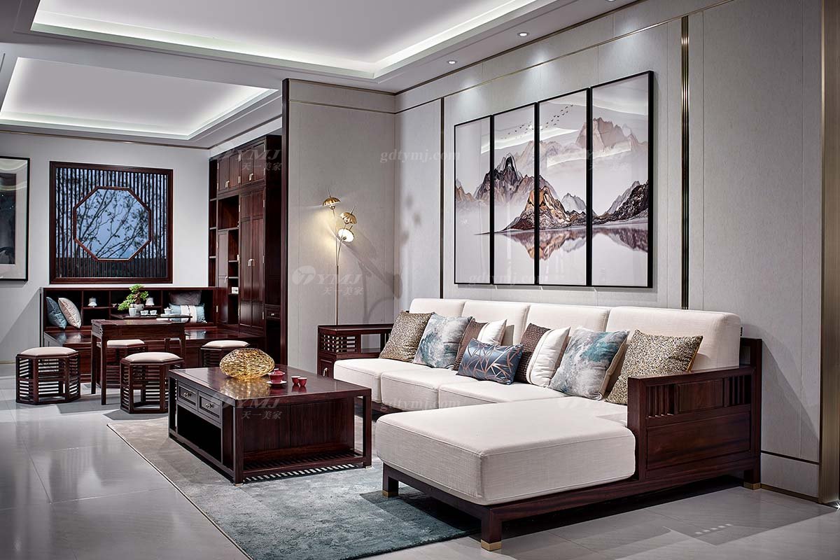 高檔別墅豪宅會所家具品牌輕奢新中式客廳家具實木轉角沙發