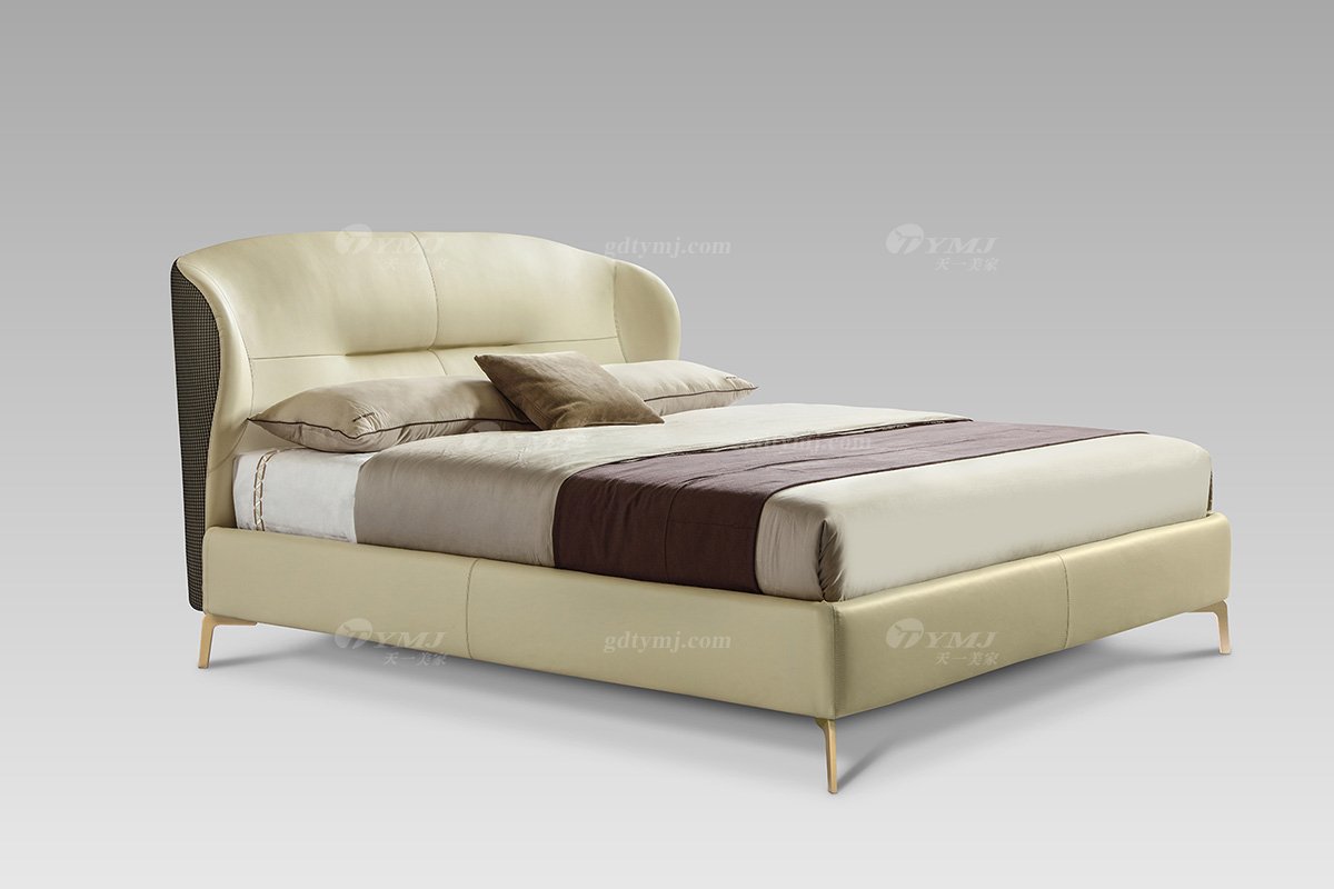 現代輕奢時尚高檔米黃色真皮大床床BB2805-18側