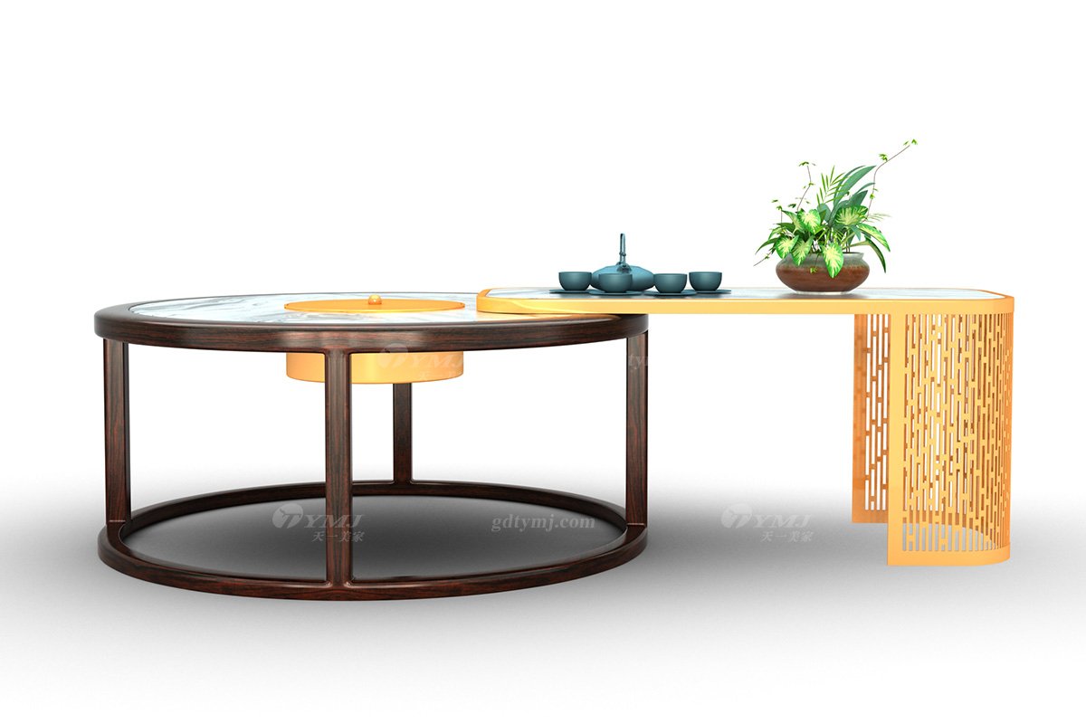 優雅新中式輕奢高端品牌家具黑酸枝木+天然大理石+黃銅金屬茶幾