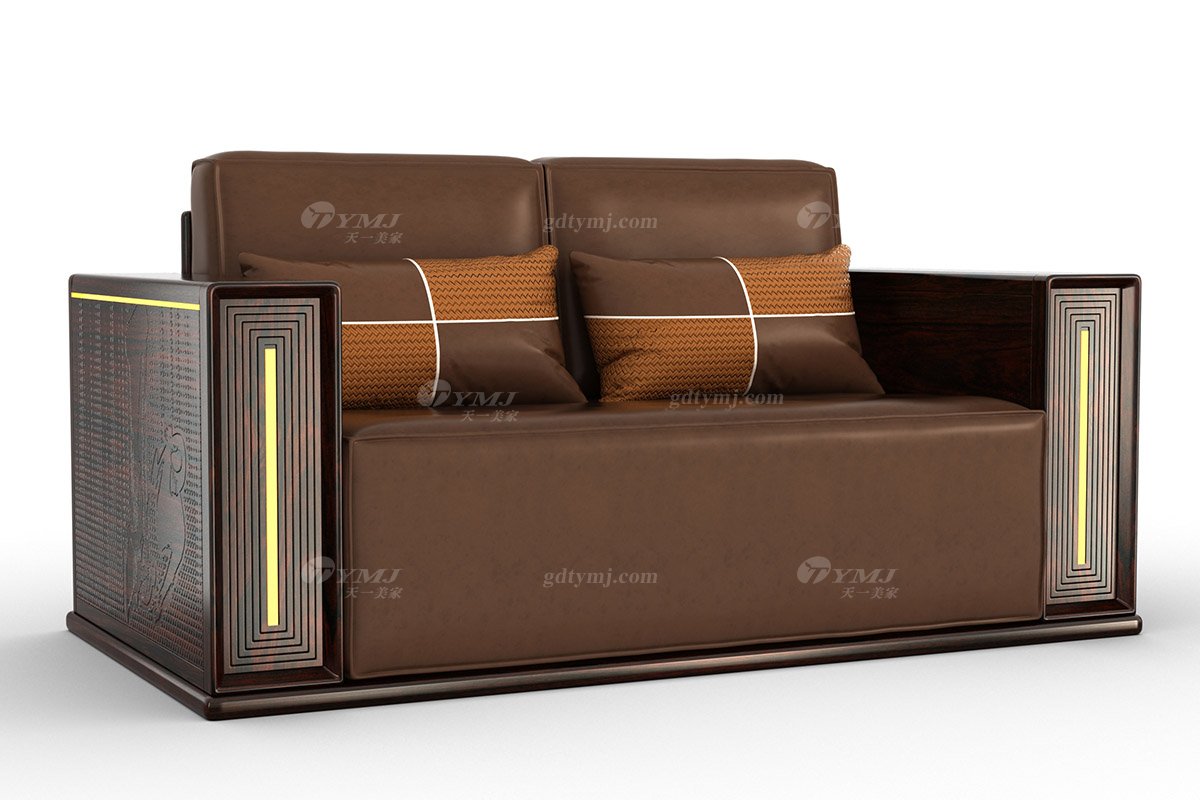 高檔別墅家具品牌新中式輕奢黑酸枝木意大利真皮雙人位沙發