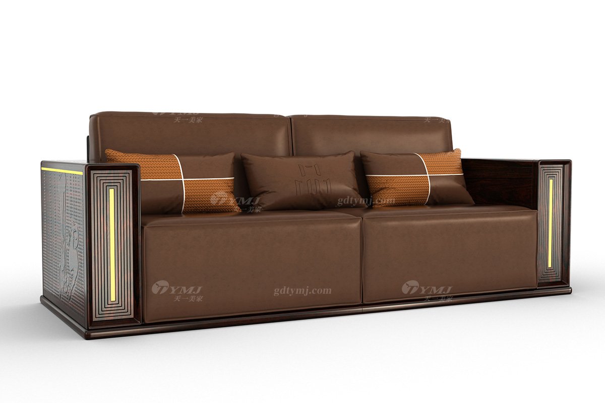 高檔別墅家具品牌新中式輕奢黑酸枝木意大利真皮三人位沙發