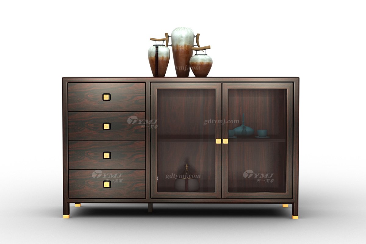 時尚新中式家具品牌高端優雅黑酸枝全紅木配黃銅金屬餐邊柜