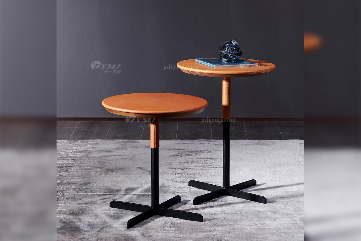 現代時尚輕奢別墅品牌家具高檔客廳愛馬仕橙+不銹鋼拉絲槍黑色高矮床幾角幾CJ-1A高矮床幾場景