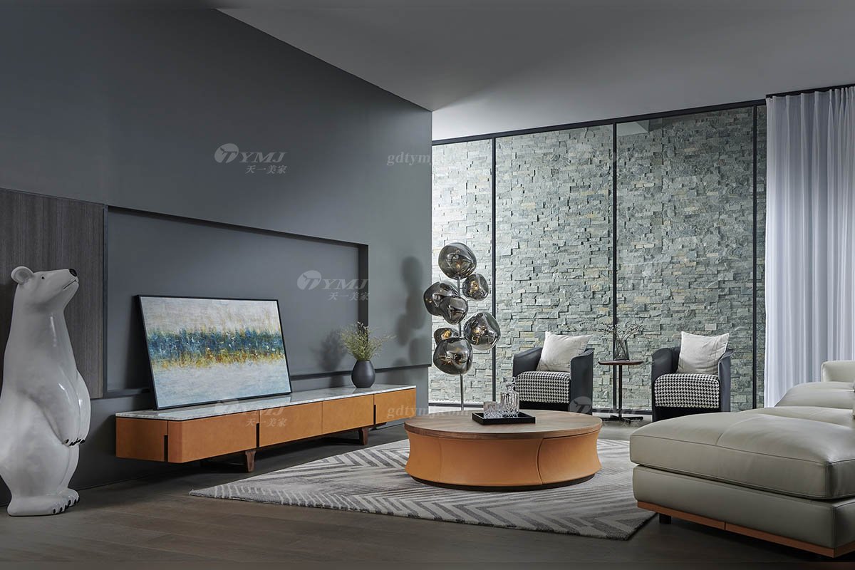 現代時尚輕奢家具別墅家具品牌客廳皮藝卡拉拉白大理石+北美黑胡桃實木電視柜DF-05B電視柜場景2