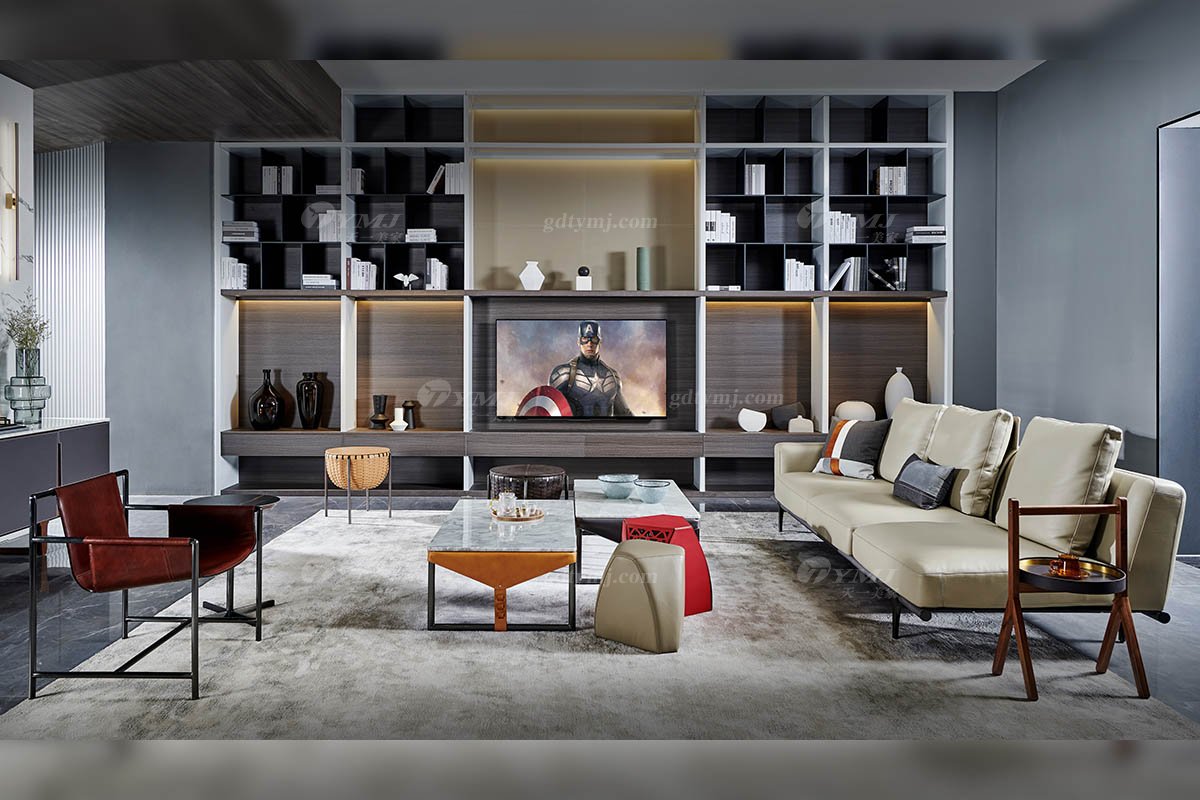 現代時尚輕奢家具品牌別墅家具客廳米色真皮單扶手四人位沙發SF-01-04A四人位單扶手沙發場景