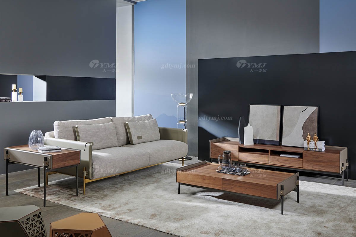 現代輕奢時尚別墅家具品牌高端皮布藝結合軟包舒適三人位沙發SF-22三人位沙發場景2